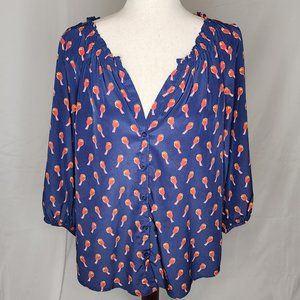 Old Navy Blue V-Neck Button-down Top with Red Birds Size L